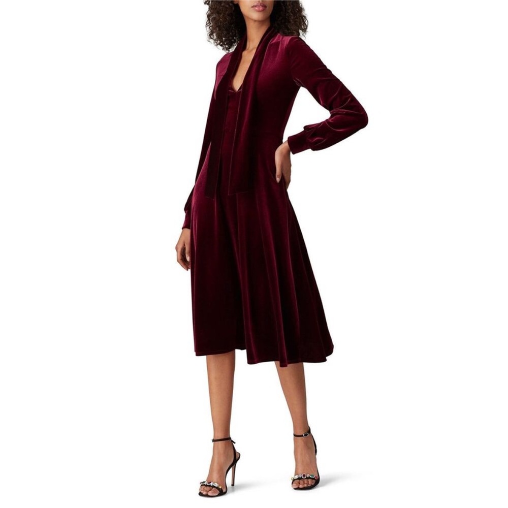 Black Halo Bishop Black Velvet Zip-Front Tie Neck Knee Length Dress